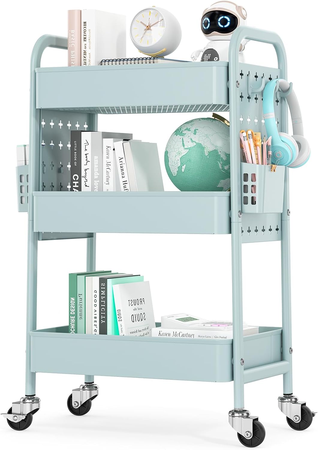 Metal Rolling Storage Cart - 3-Tier Utility Mobile Trolley with DIY Pegboards & Baskets | Pure Pink