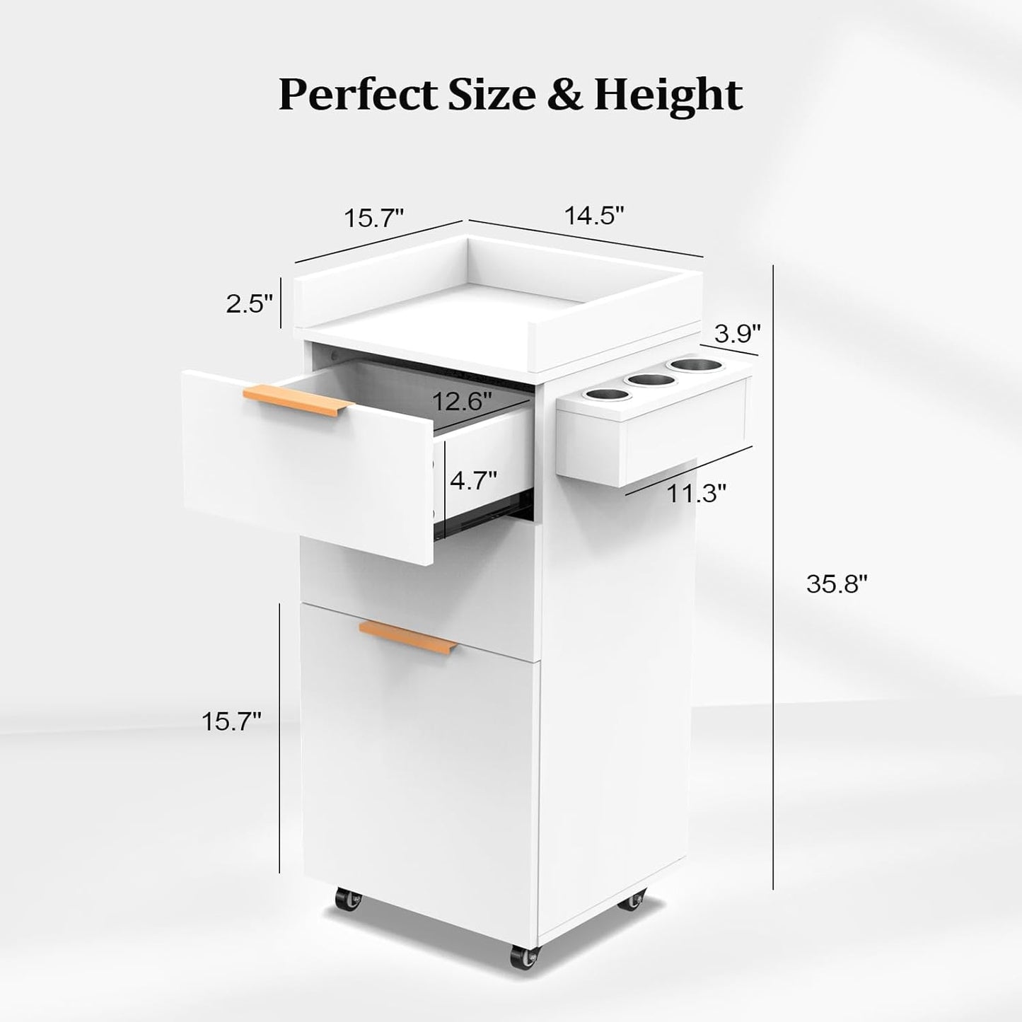 OmySalon Salon Trolley with Wheels - Portable Hair Stylist Cart with 2 Drawers & Storage Cabinet | White