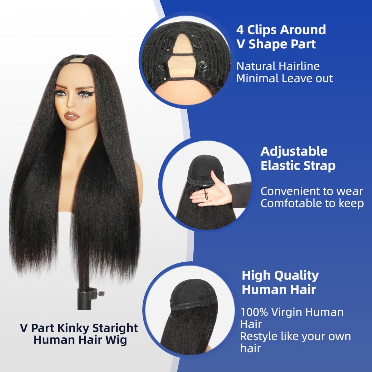 DaXunDi 250 Density 22 Inch V Part Wig Human Hair Kinky Straight Half Wig Human Hair Drawstring Upgraded 100% Natural Unprocessed Glueless No Sew in V Shape Clip In No Leave Out U Part Human Hair Wig