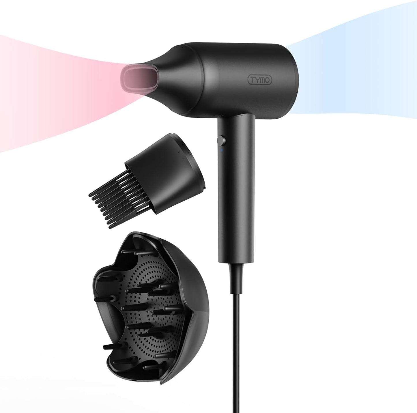 Tymo Diffuser Hair Dryer - Ionic Blow Dryer with Comb Attachment for Curly Hair | Lightweight Travel Size, Black