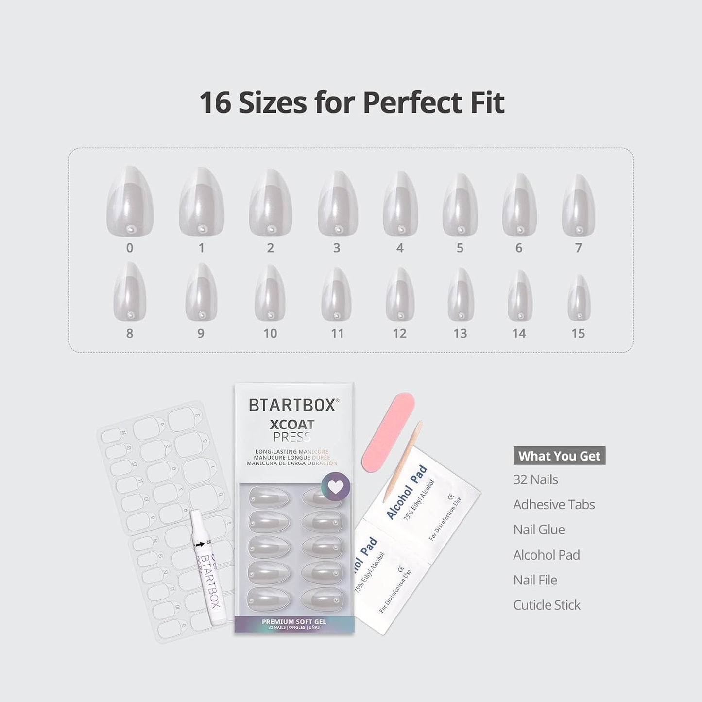 French Tip Press On Nails - Lamp-Curable 4-Week Wear White Short Almond | 32 Nails All-in-One Kit, Easy Application in 16 Sizes