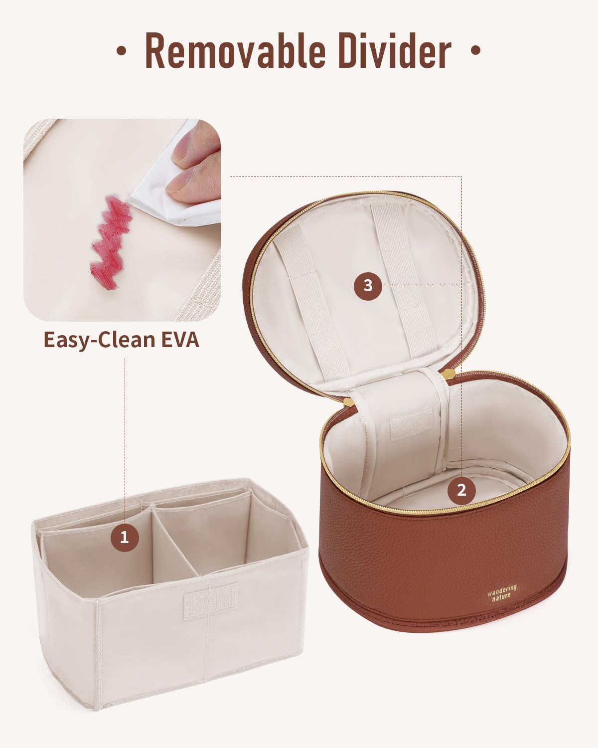 Travel Makeup Bag for Women - Structured Vanity Case with Wipe-Clean EVA Interior & Removable Divider | Fold-Flat PU Leather with Handle