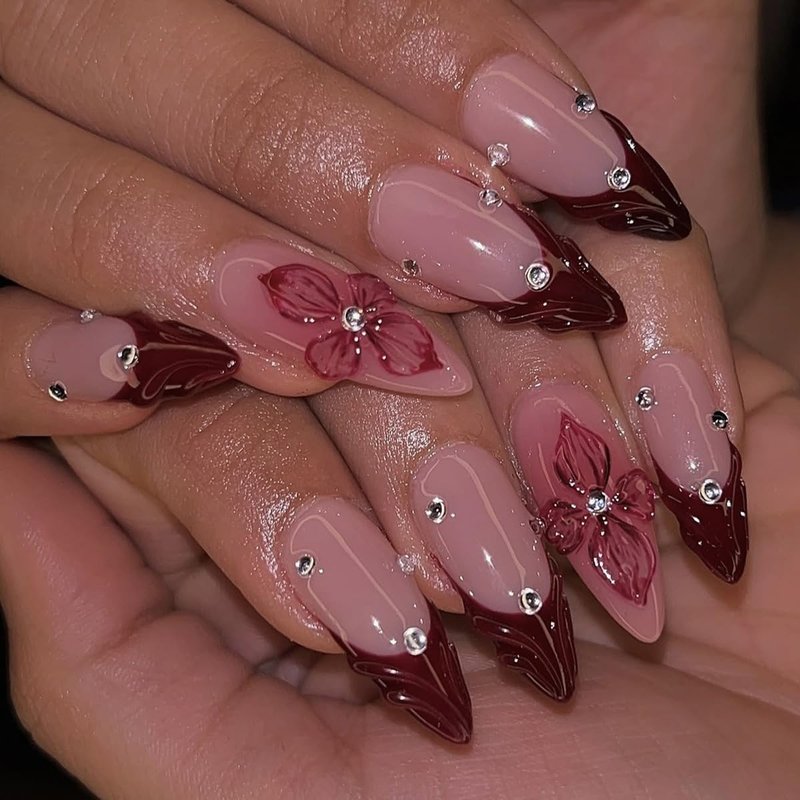 Floral Press On Nails - 24Pcs Red Almond Acrylic Nails with Rhinestones | Reusable Summer Design