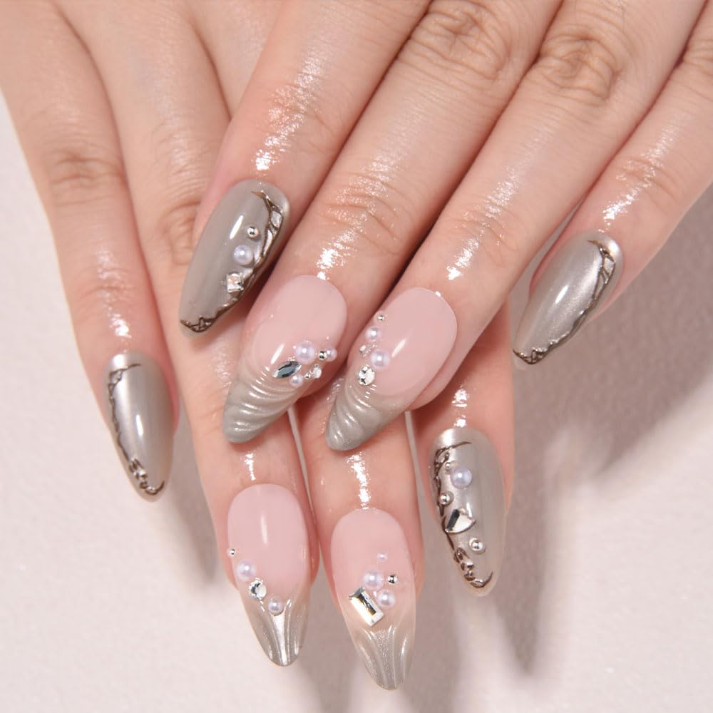 Nude Cat Eye Press-On Nails - Short Almond Shape with Gold French Tips | Reusable Soft Gel Set for Women