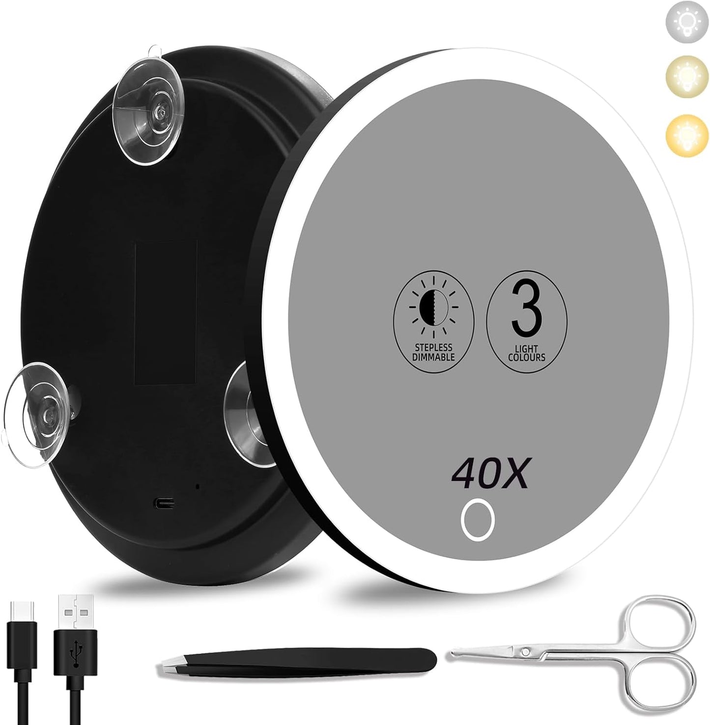 40x Magnifying Makeup Mirror with Light - 6-Inch Travel Mirror with Suction Cups, Tweezers & Scissors Set