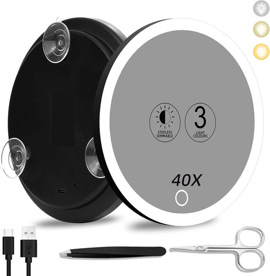 40x Magnifying Makeup Mirror with Light - 6-Inch Travel Mirror with Suction Cups & Accessories