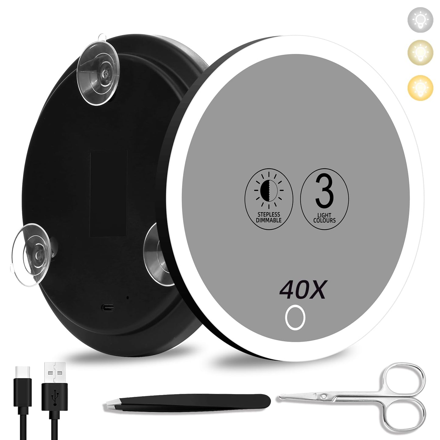 Suupvaor 40x Magnifying Mirror with Light, 6inch Lighted Makeup Mirror with 3 Suction Cups, Travel Magnifying Mirror 40x with Light, High Magnification Makeup Mirror with Tweezers & Scissors Sets
