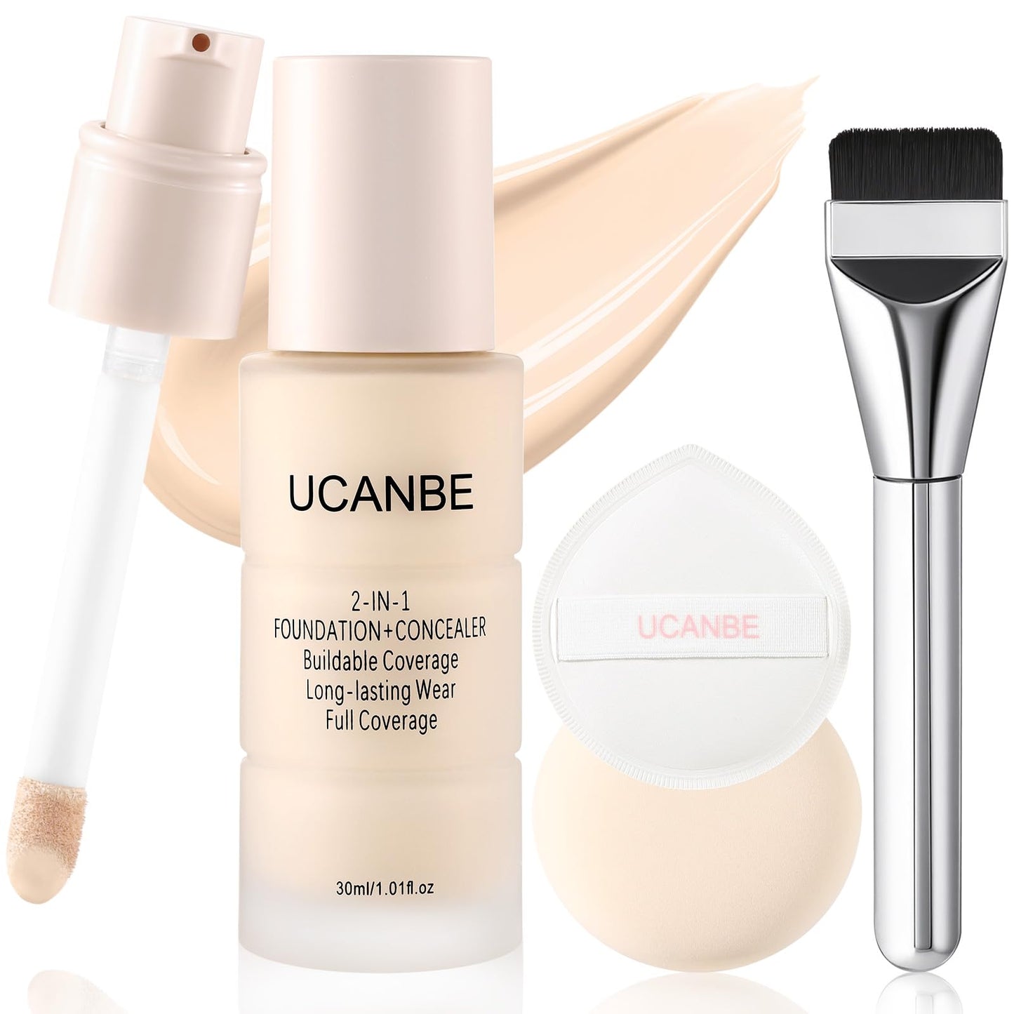 UCANBE 2-in-1 Liquid Foundation & Concealer, Full Coverage Foundation Makeup Set for Combination & Oily Skin, Hydrating Formula with Hyaluronic Acid, Vitamin C (02 Classic Ivory)