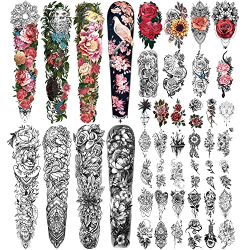 Yazhiji Rose Full Arm Temporary Tattoo Sheets for Women & Kids Long Lasting Waterproof Body Art