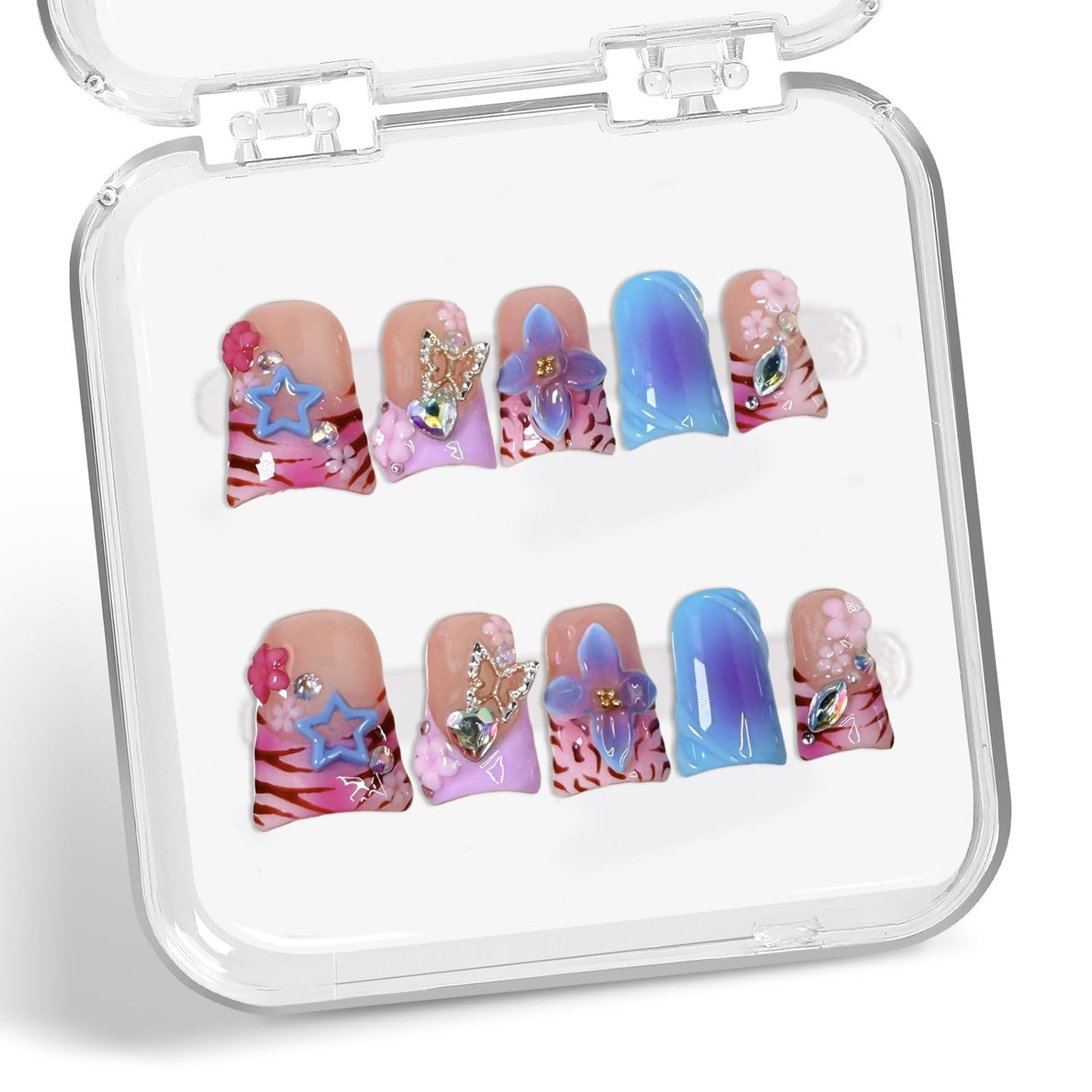 Colorful 3D Flower Press-On Nails - Handmade Thick Acrylic Full Cover | White French Tip (Medium)