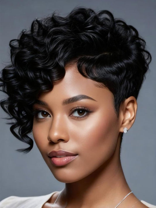 Unipearl Pixie Cut Wig Human Hair Short Pixie Cut Wigs for Black Women Wear and Go Glueless Human Hair Wigs Short Layered Curly Brazilian Virgin Machine Made Wig Side Bangs for Women Color 1B#