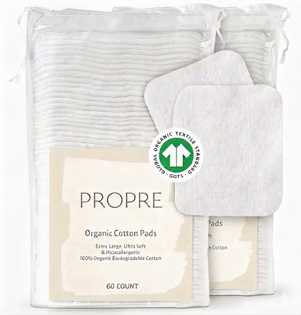 Propre Baby XL Premium European Style 100% Organic Cotton Pads – GOTS Certified, Dry Wipes – Ultra-Thick & Lint-Free for Sensitive Skin, for Diaper Changes and Make up Removal (60ct)