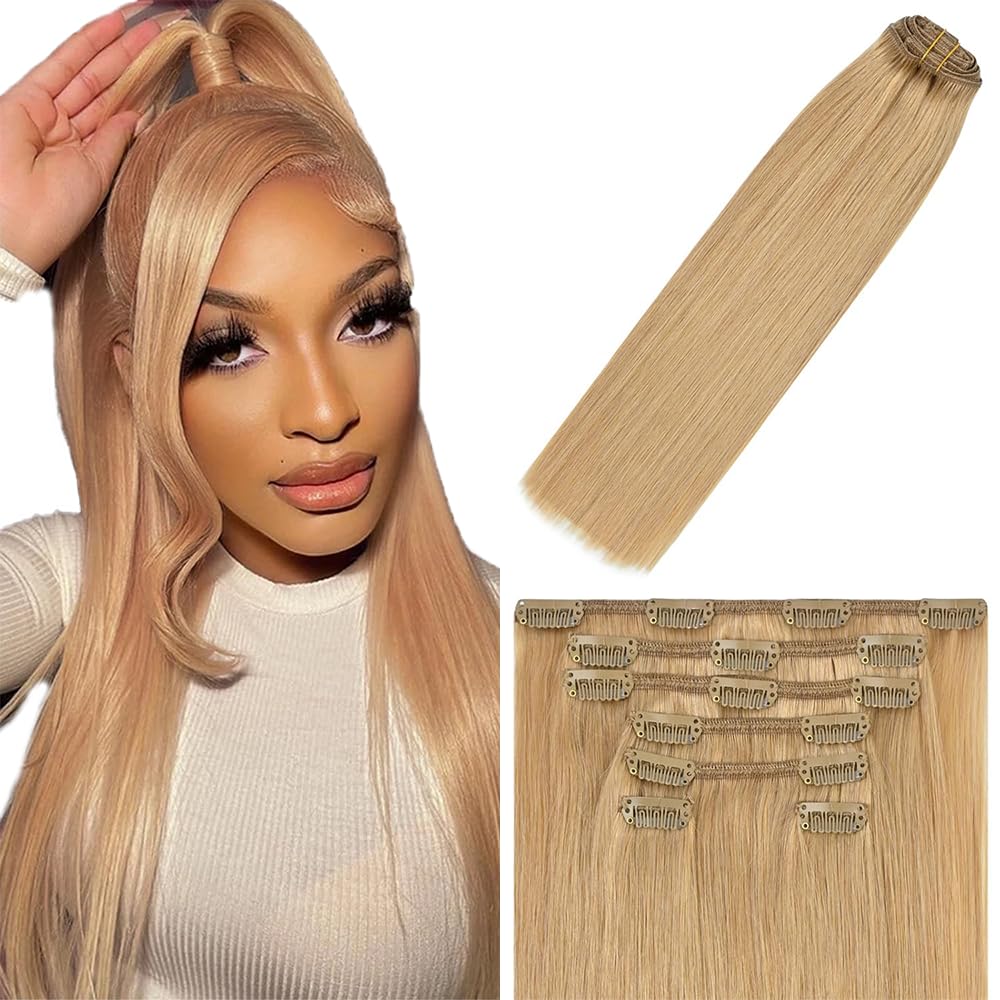 Clip in Hair Extensions Real Human Hair #27 Blonde, 22 Inch 120g/7Pcs,Full Shine Remy Human Hair,Honey Blonde Straight Clip ins Brazilian Virgin Human Hair Extensions