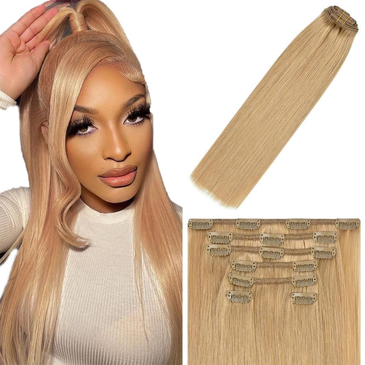 Clip in Hair Extensions Real Human Hair #27 Blonde, 22 Inch 120g/7Pcs,Full Shine Remy Human Hair,Honey Blonde Straight Clip ins Brazilian Virgin Human Hair Extensions