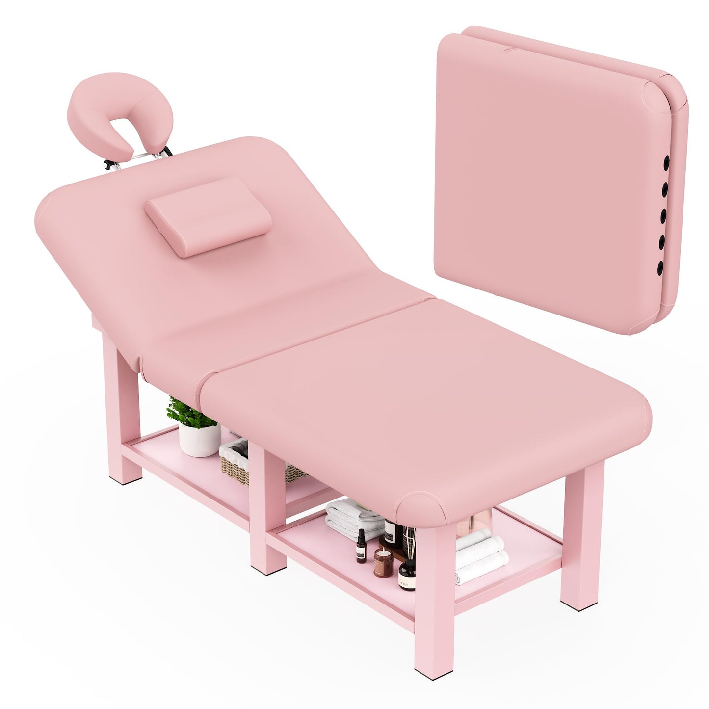 Extra Large 40in Width × 80in Length Folding Stationary Massage Table with Adjustable Backrest, Heavy-Duty Metal Frame for Spa, Physical Therapy, Tattoo, Medical Exam Use, Big-Boned Person - Pink
