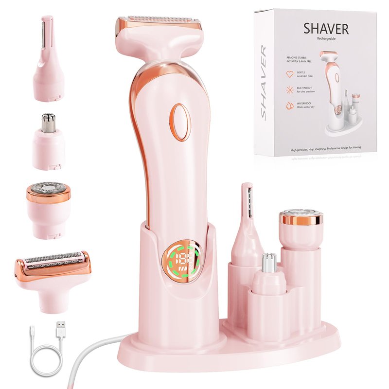 Electric Shaver for Legs Pubic Body Hair, 4 in 1 Bikini Trimmer for Women, Replaceable Lady Facial Nose Razor, IPX7 Waterproof Rechargeable Women's Grooming Kit