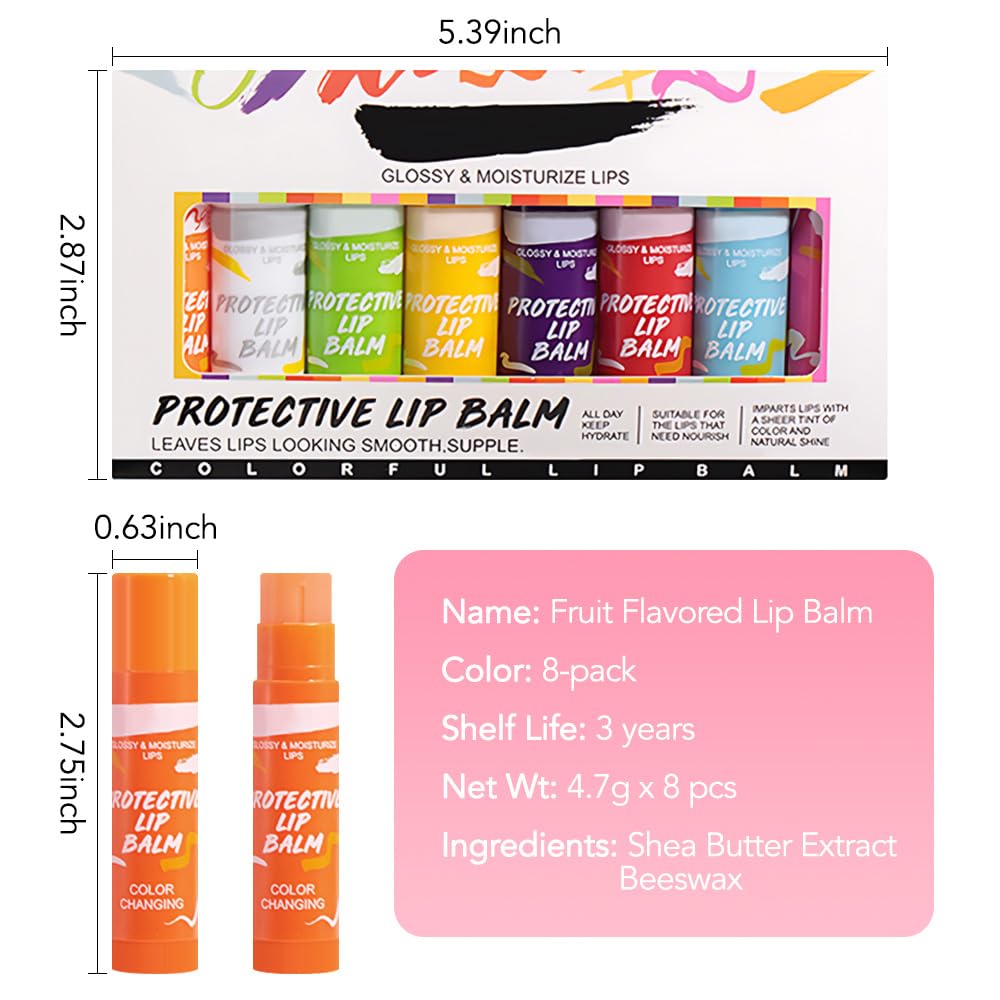 BINGBRUSH 8PCS Color Changing Lipstick Set, Moisturizing Long Lasting Waterproof Lipstick, Fruit Flavor Lip Tint Gloss, Hydrating Lip Color for Women