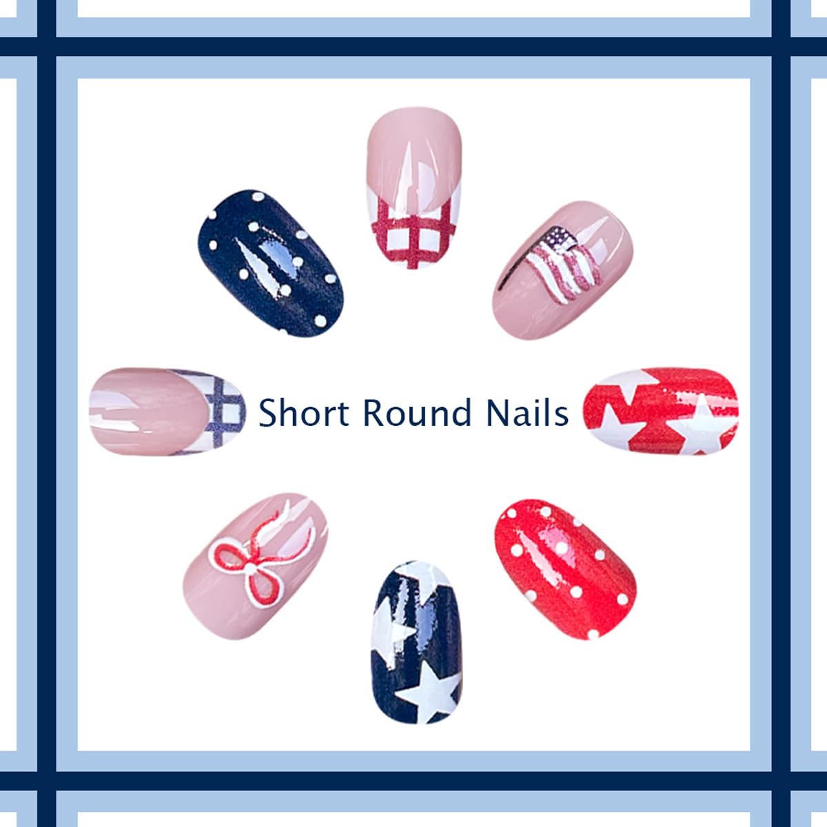 4th of July Press on Nails Medium Oval Fake Nails French Tip Glue on Nail with Star | Polka Dot | Bow Designs Independence Day Press ons Stick on Nail 4th of July Nails for Women Manicure 24Pcs