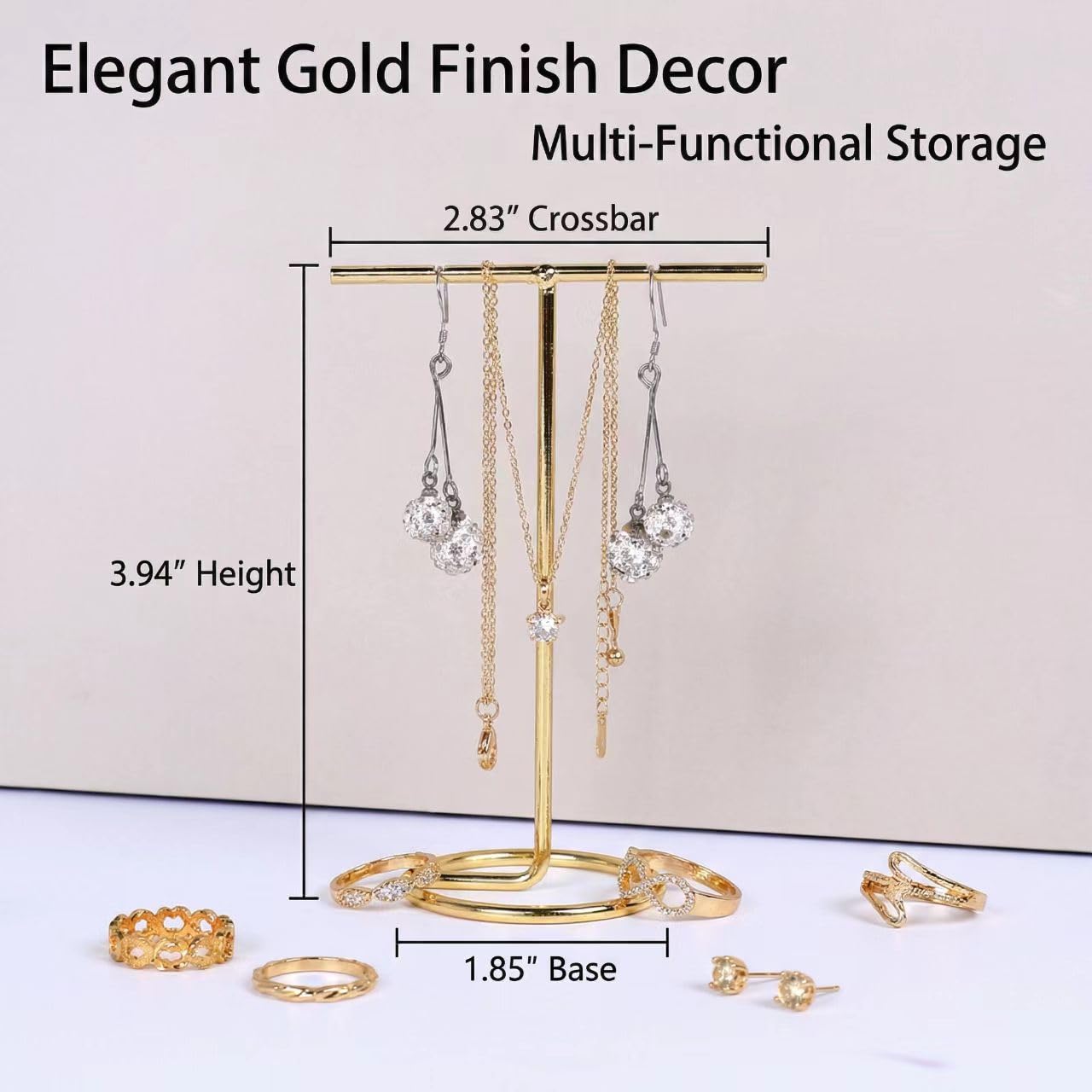 Jewelry Organizer with T Bar Design, Quick Installation Modern Decor for Women's Necklace, Earrings, Rings, Vanity or Dresser Top, Gold Finish