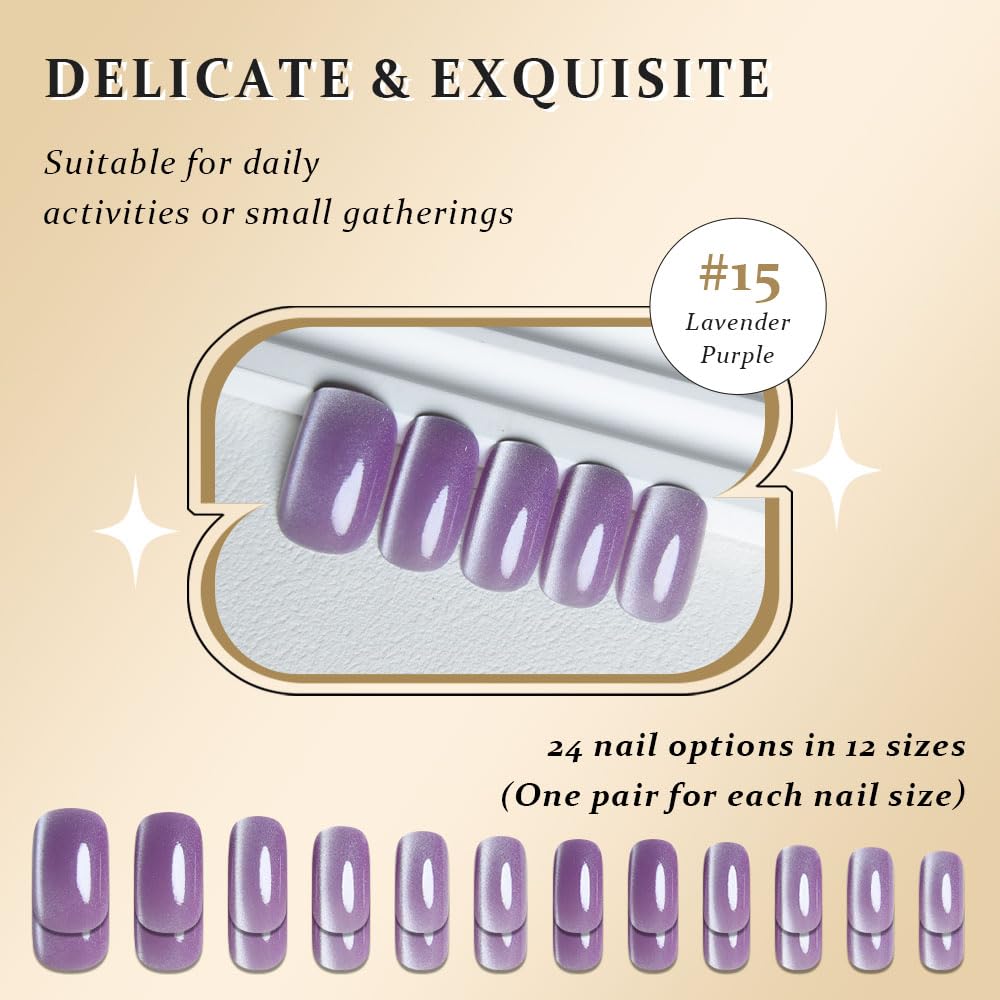 Cat Eye Press-On Nails - Lavender Purple Medium Square | Reusable Gel Acrylic with Holographic Glitter
