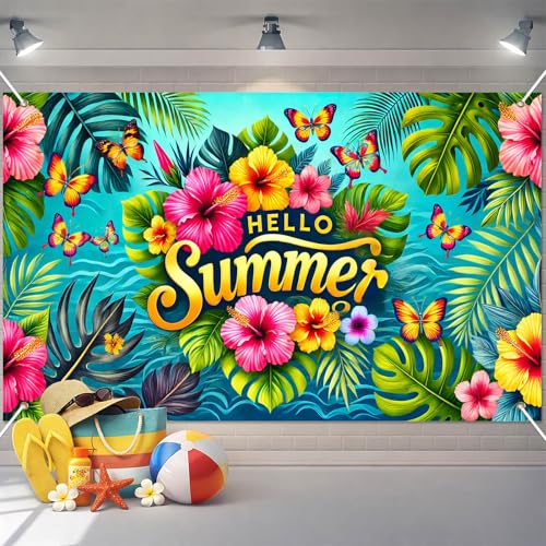 Hello Summer Banner - 71x43 Inch Tropical Party Decor