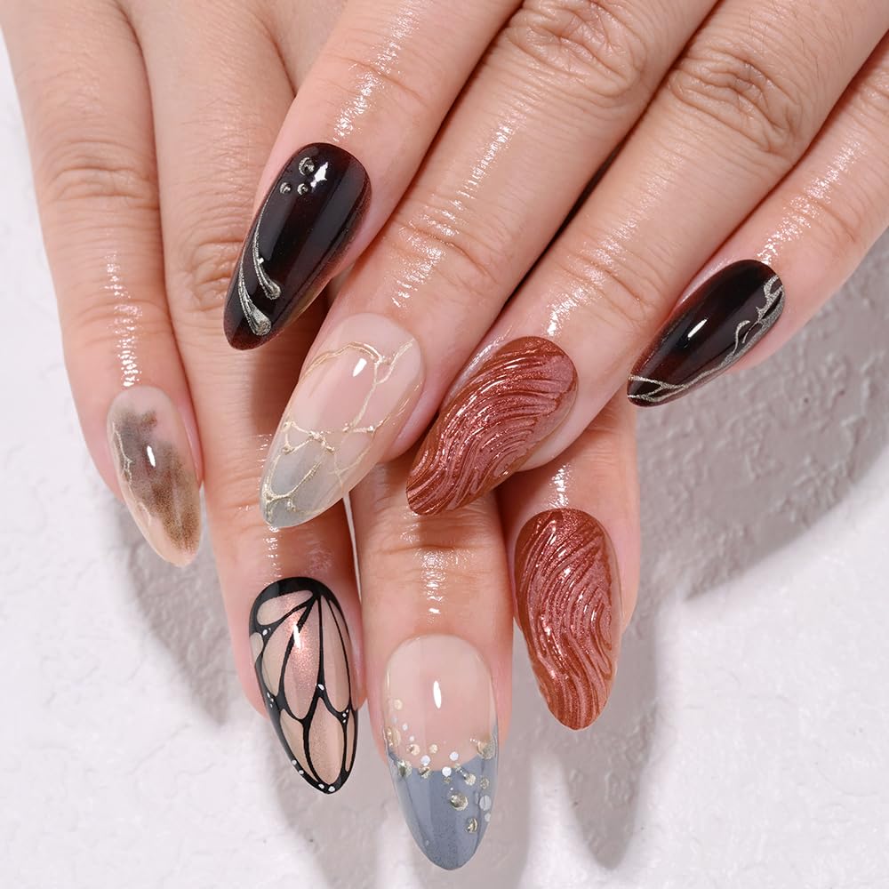 3D Gold Line French Tip Press-On Nails - Short Almond Glitter Light Nude | Handmade Acrylic Nails with 3D Pearl Designs