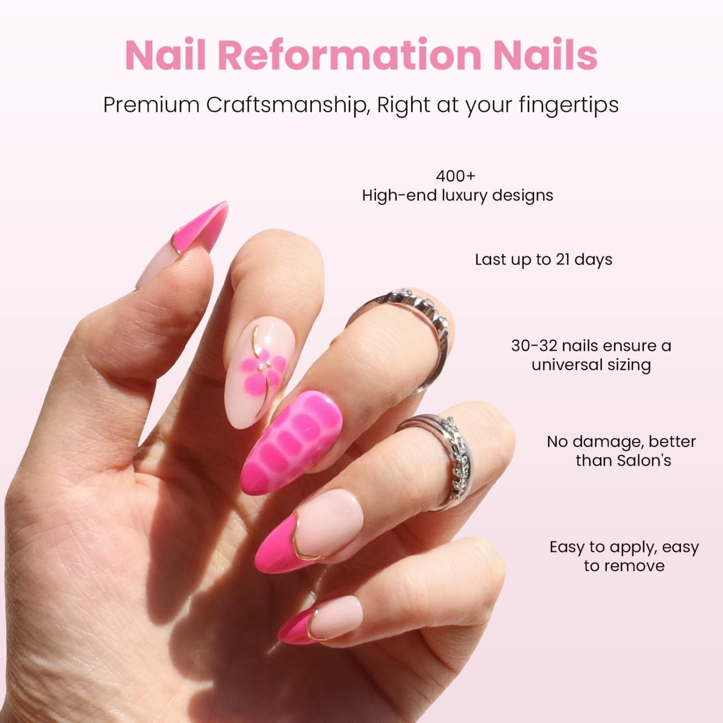 Press On Nails - 3D Floral Peony Pop Medium Almond Design | Reusable Stick-On Nails in 15 Sizes, Glossy Finish