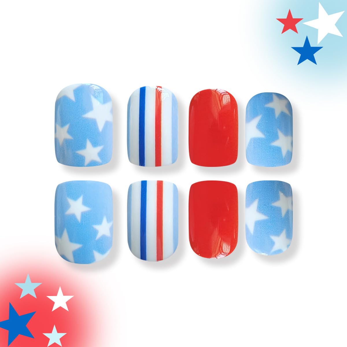 24Pcs 4th of July Press on Nails Short Square Fake Nails with Star Designs Patriotic False Nail for Women Stripe Acrylic Stick on Nails Blue Red Glue on Nail for Independence Day