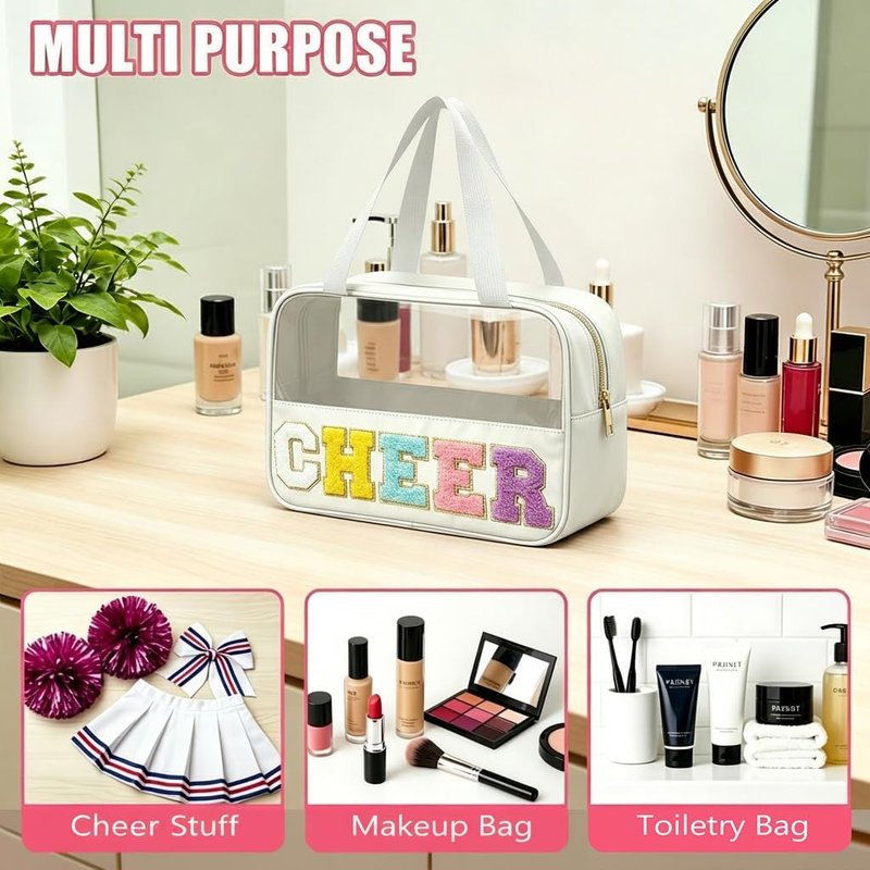 Cheer Makeup Bag - Clear Chenille Letter Patch Cosmetic Organizer | Waterproof Travel Toiletry Bag for Girls & Women