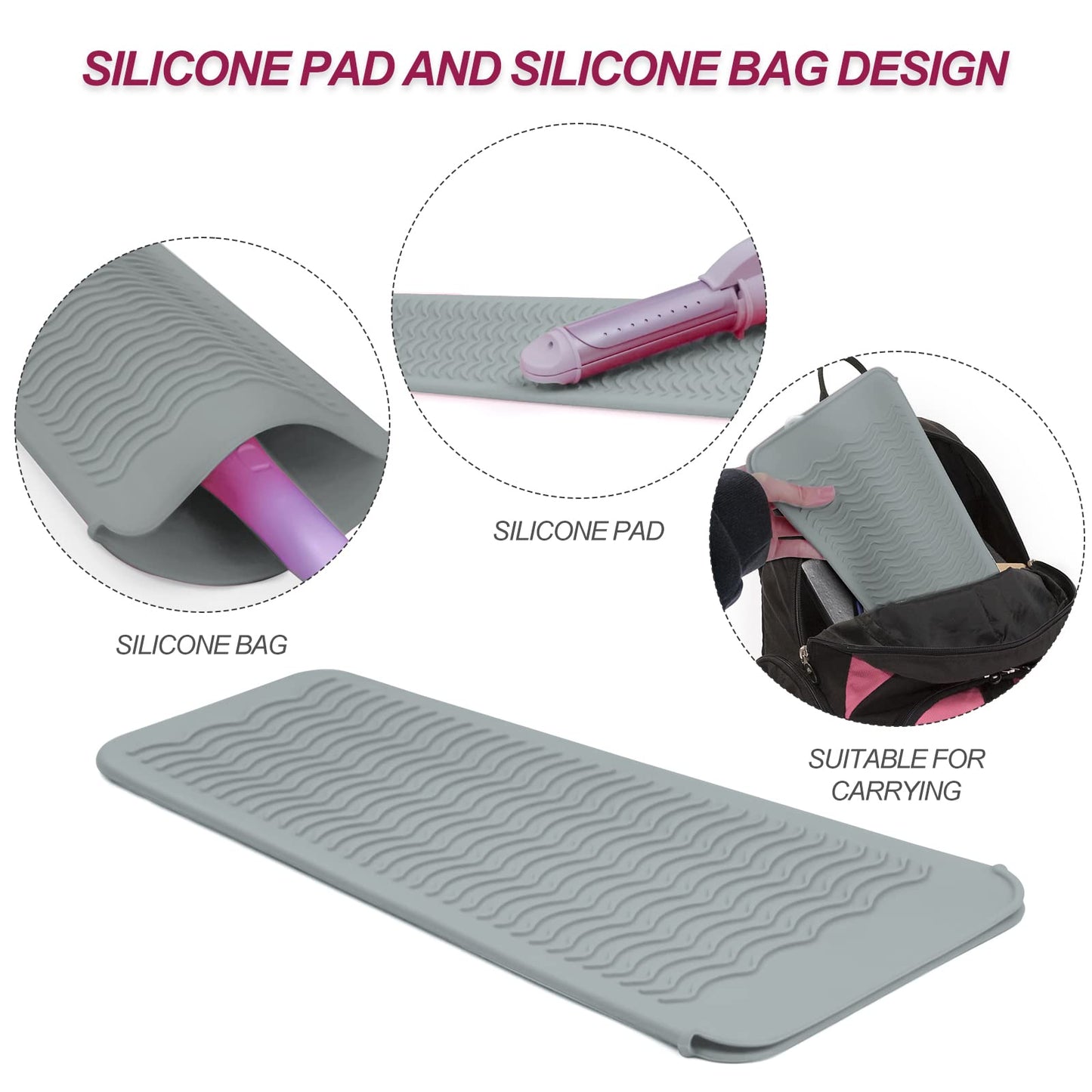 2PCS Silicone Heat Resistant Mat Pouch for Hair Straightener, Curling Iron, Flat Iron and Hot Hair Tools Grey 2 Pack