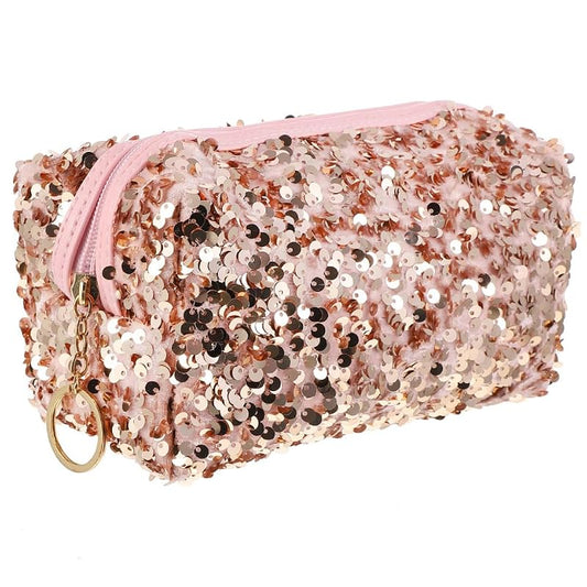 Healeved Pink Sequin Makeup Bag - Portable Travel Toiletry Pouch