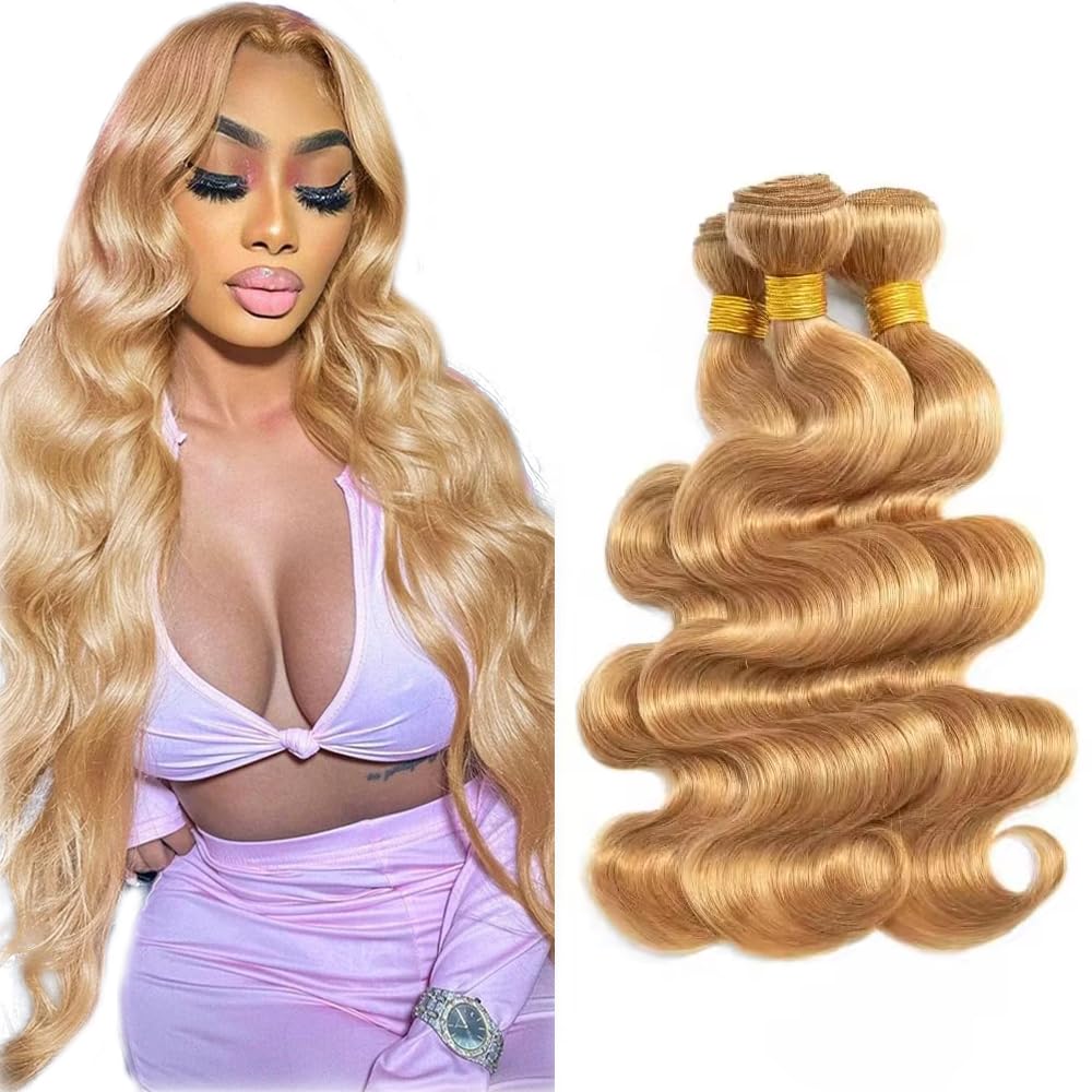 30 32 34 inch 150g AuokMar Honey Blonde Bundles 27 Body Wave Bundles Huma Hair Double Weft Soft Real 27 Honey Blonde 3 Bundle Human Hair Extensions