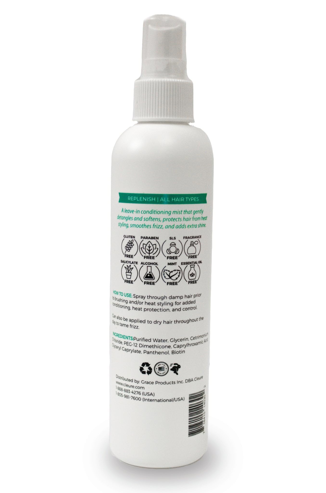 Cleure Fragrance Free Leave-In Conditioner for Dry, Frizzy, Straight & Curly Hair - Hypoallergenic Hair Detangler Spray for Sensitive Skin (8 fl oz, Pack of 1)