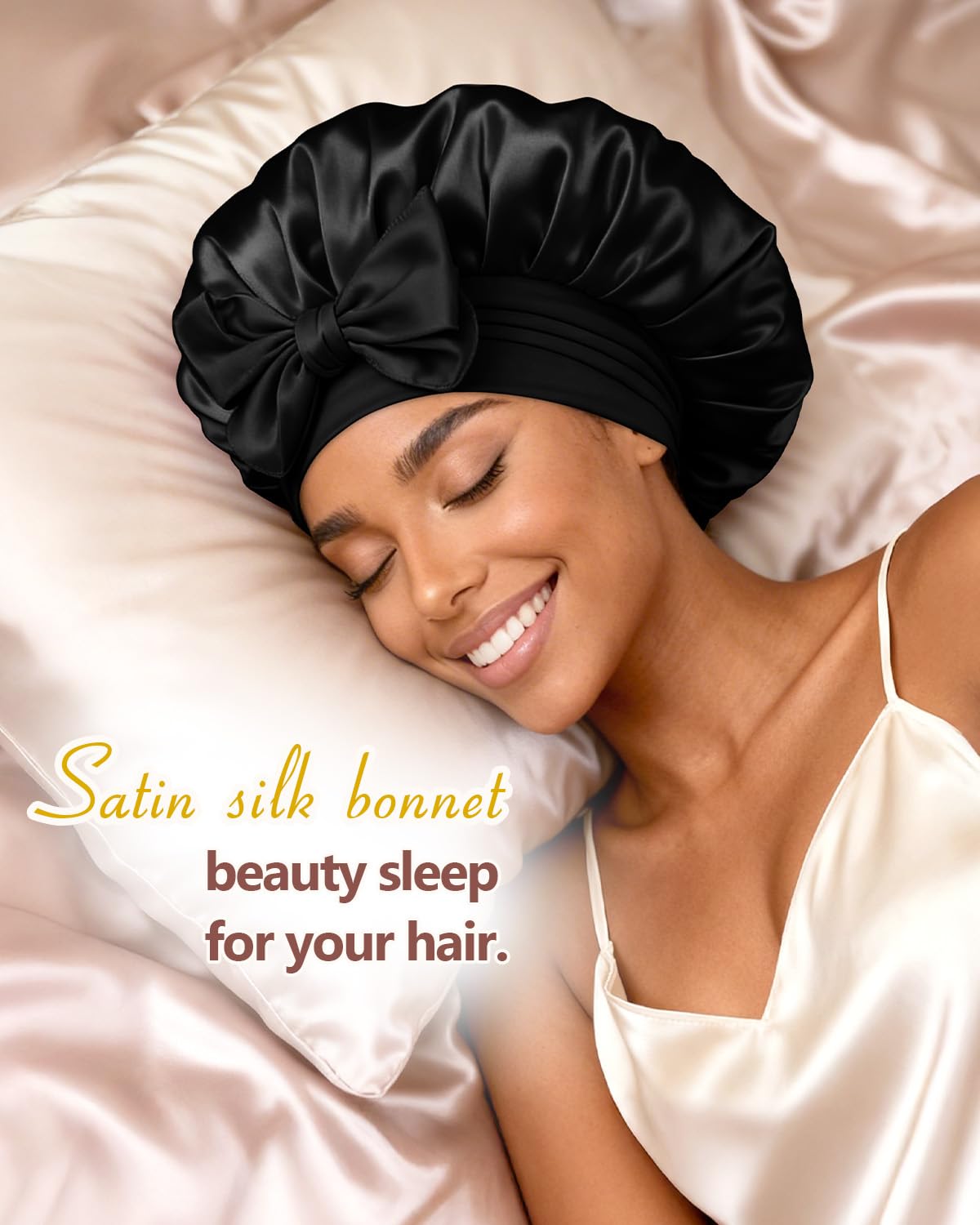 BONNET QUEEN Double Layer Silk Bonnet for Sleeping for Women Satin Bonnet Night Sleep Cap Wrap for Curly Hair with Adjustable Tie Band,Black