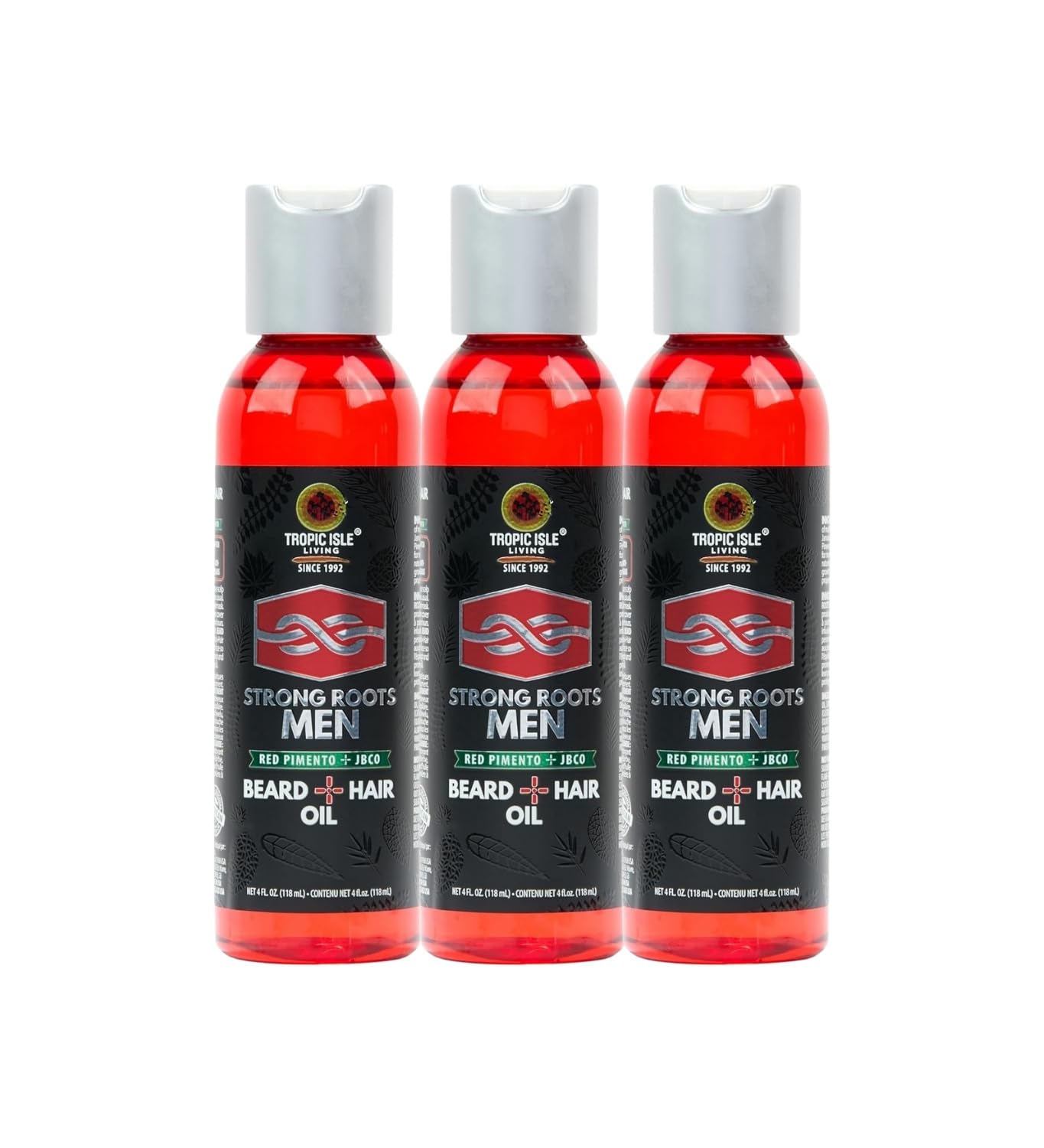 Tropic Isle Living Mens Beard Oil – 3x Strong Roots MenBeard + HairOil 4 oz Bundle with Red Pimento, Shea Butter, and JBCO – Moisturizing, Softening, and Shine for Beard and Hair – Gift Set (3 Items)