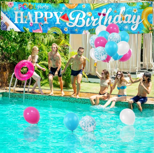 Hawaiian Happy Birthday Pool Party Banner with 30 Balloons - 9.8ft