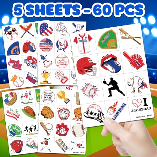 Baseball Themed Temporary Tattoos for Kids - 60 PCS Set
