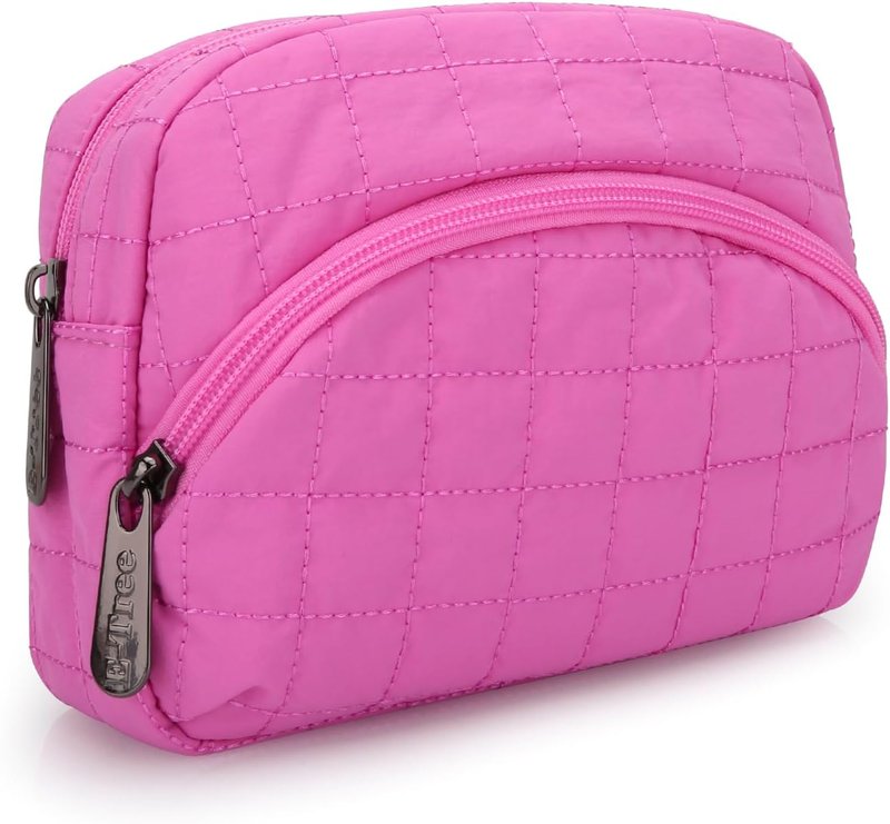 Quilted Makeup Bag - E-Tree Puffer Cosmetic Pouch for Women | Travel Toiletry Organizer Case (Pink)