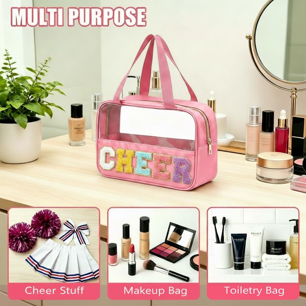 Cheer Makeup Bag - Waterproof Nylon Cosmetic Organizer with Handle | Clear Chenille Letter Patch for Cheerleaders