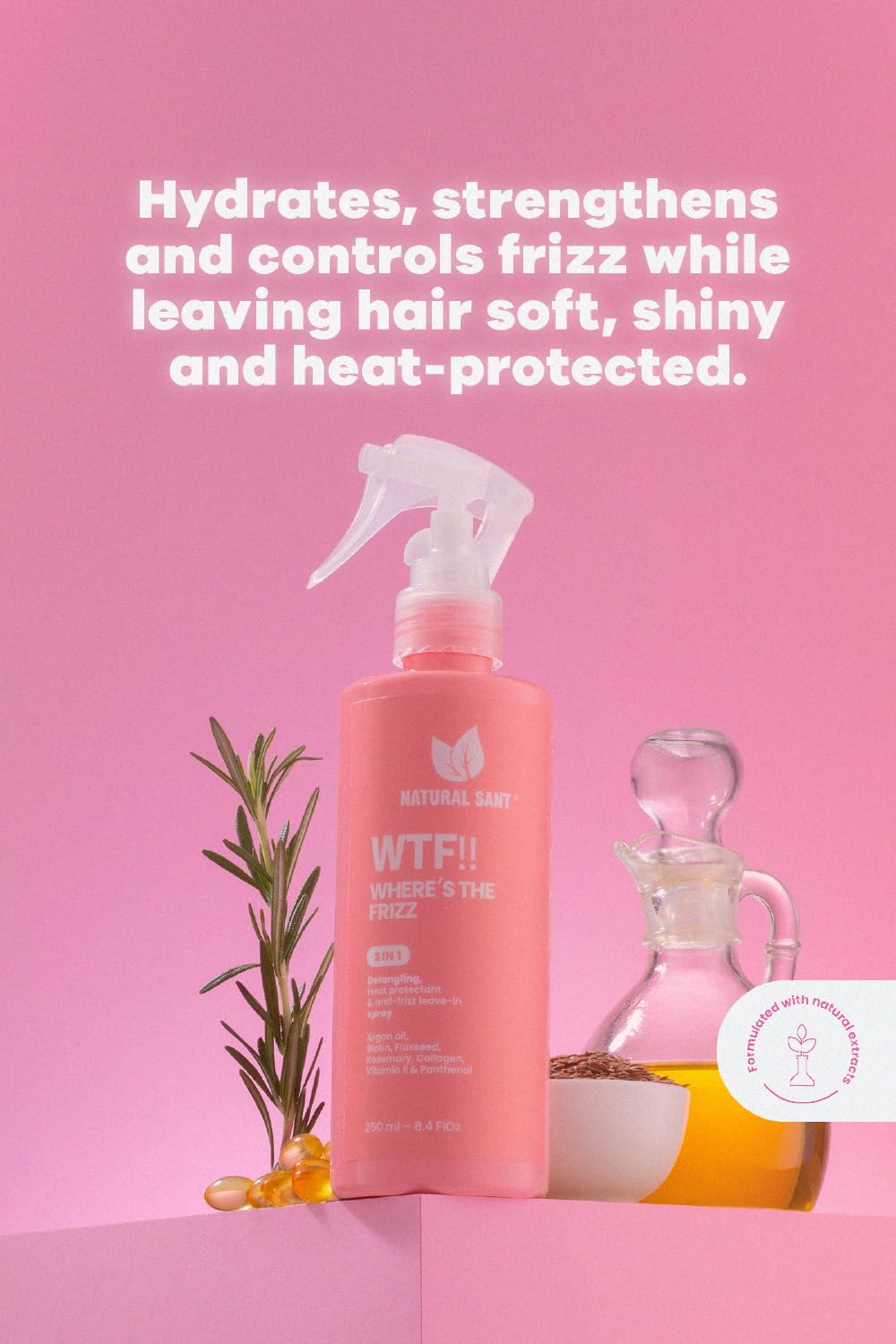 Where's the Frizz 3-in-1 Hair Mist - Heat Protectant, Detangler & Anti-Frizz Spray with Argan Oil, Collagen & Vitamin E - Lightweight Strengthening Leave-in Tonic for All Hair Types - 8 fl oz