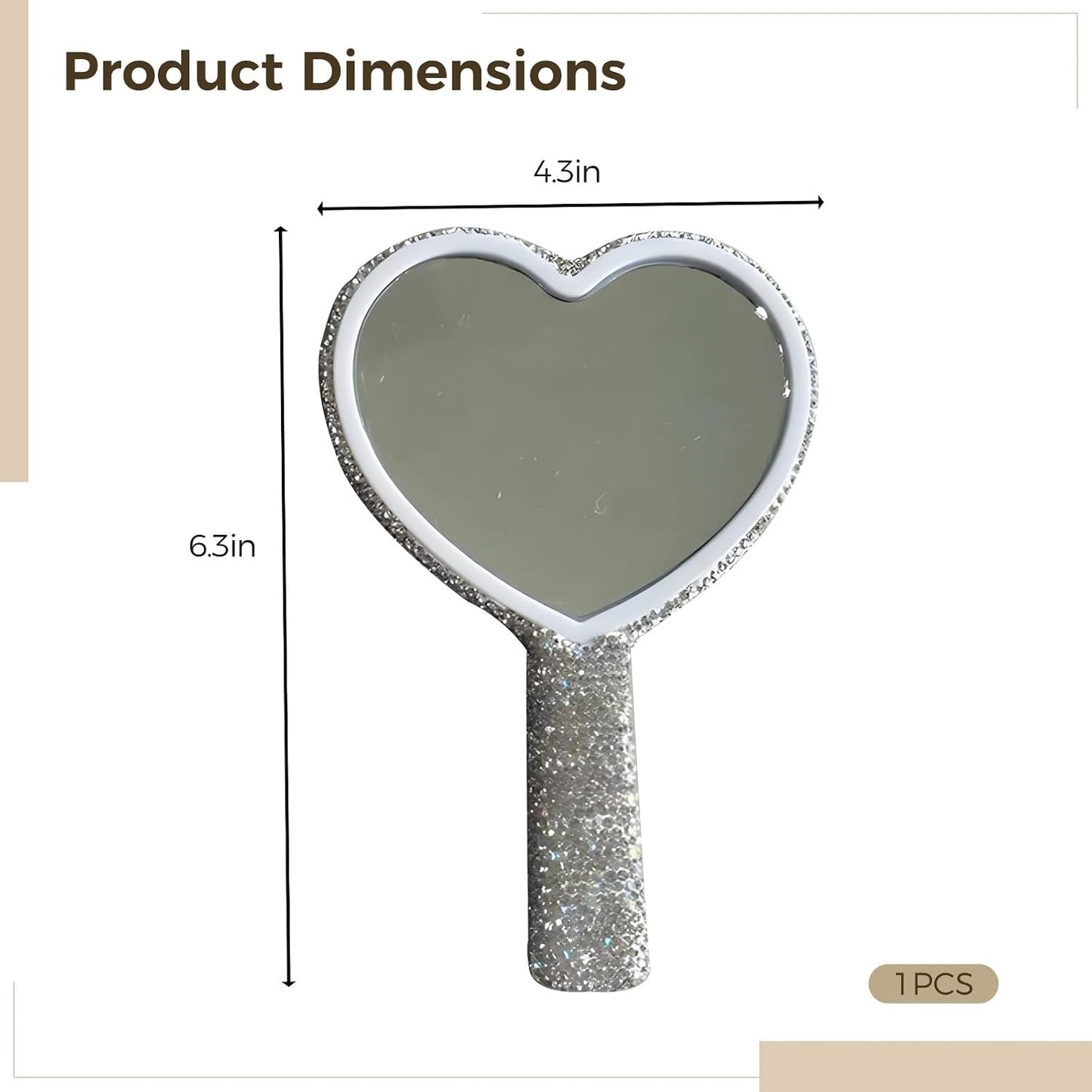 Heart Shaped Handheld Mirror - Sparkling Rhinestone Cosmetic Mirror for Women | Portable Travel Size 6.3 x 4.3 in / 16 x 11 cm - White