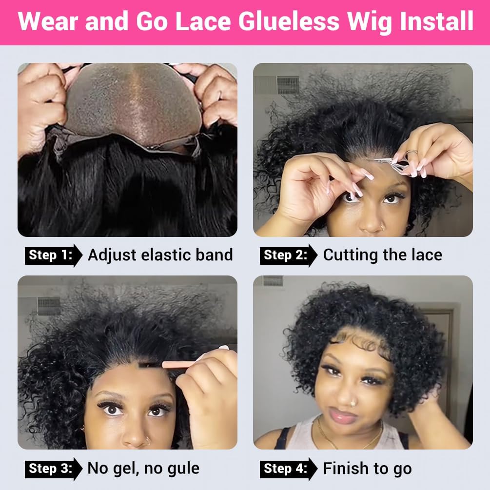Amygirl Wear and Go Glueless Wigs Human Hair Pre Plucked Pre Cut Bob 4x4 Curly Wave Lace Front Wigs Human Hair 180% Density No Glue Wigs for Black Women, Burgundy, 14 Inch