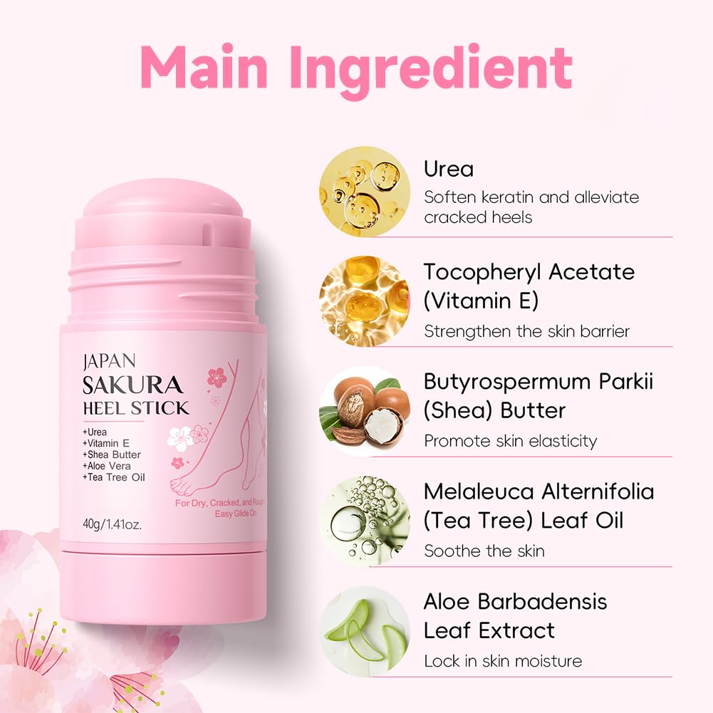 Sakura Foot Care Creams - 2 Pcs Cracked Heel Repair Sticks with Shea Butter & Aloe Vera | Deeply Moisturizing, 1.4 Oz