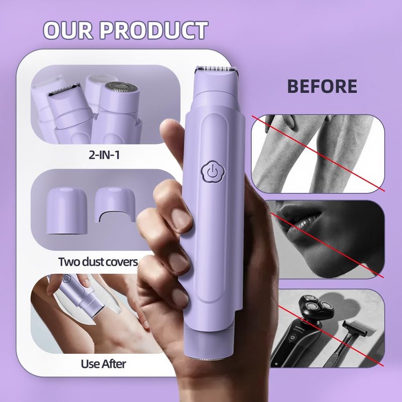 2 in 1 Women's Electric Shaver, Dual Head Bikini Hair Trimmer, IPX6 Waterproof, Wet & Dry, Bikini Underarm Leg Arm Body Facial Epilator, (Purple)