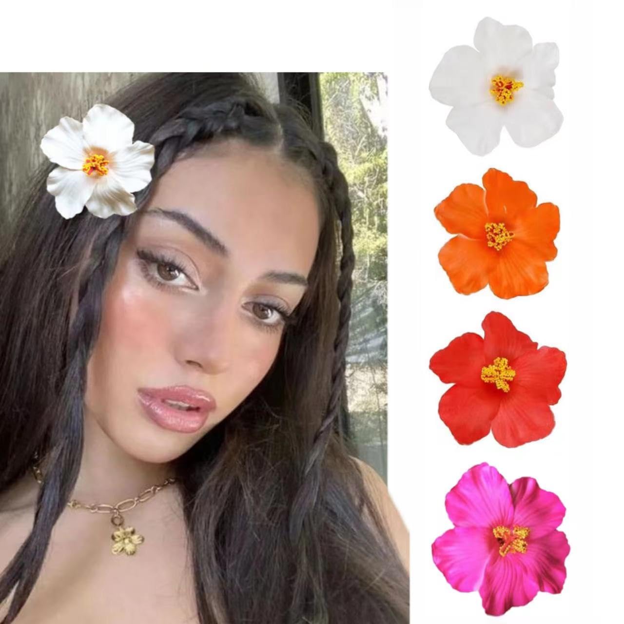 Hawaiian Flower Hair Clips - 6 Pcs Plumeria & Hibiscus Set | 3.5 Inch Colorful Accessories for Weddings & Beach Parties