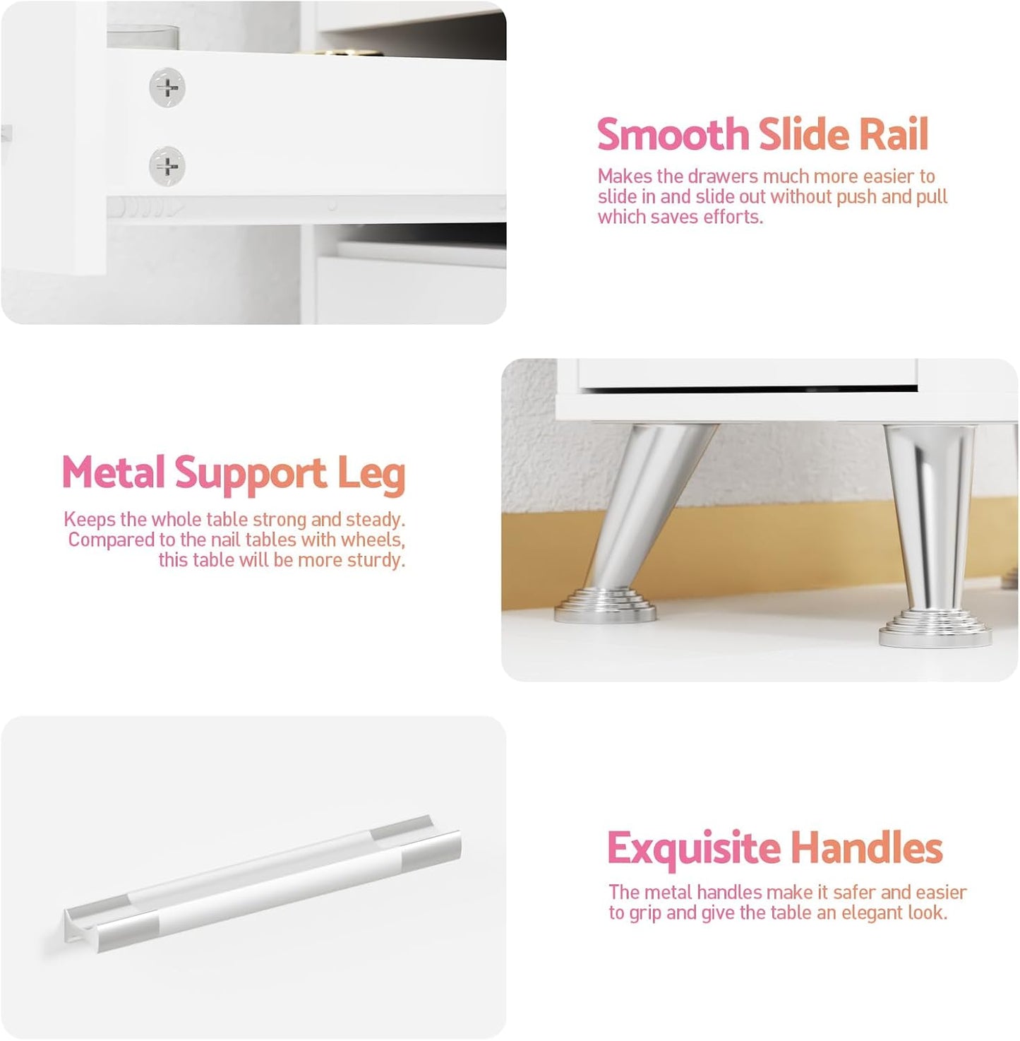 Manicure Table - Nail Station with Glass Top, Dust Collector & Storage Drawers | White Beauty Salon Workstation