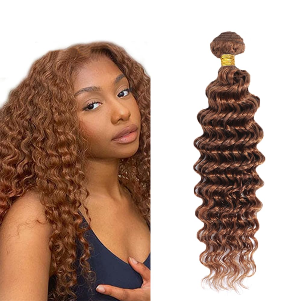 32 Inch DiexrLamx Color 30 Human Hair Bundles Brown Deep Wave Bundles 8A Peruvian Virgin Remy Hair Single Bundle Color 30 Deep Wave Bundle Hair Weave