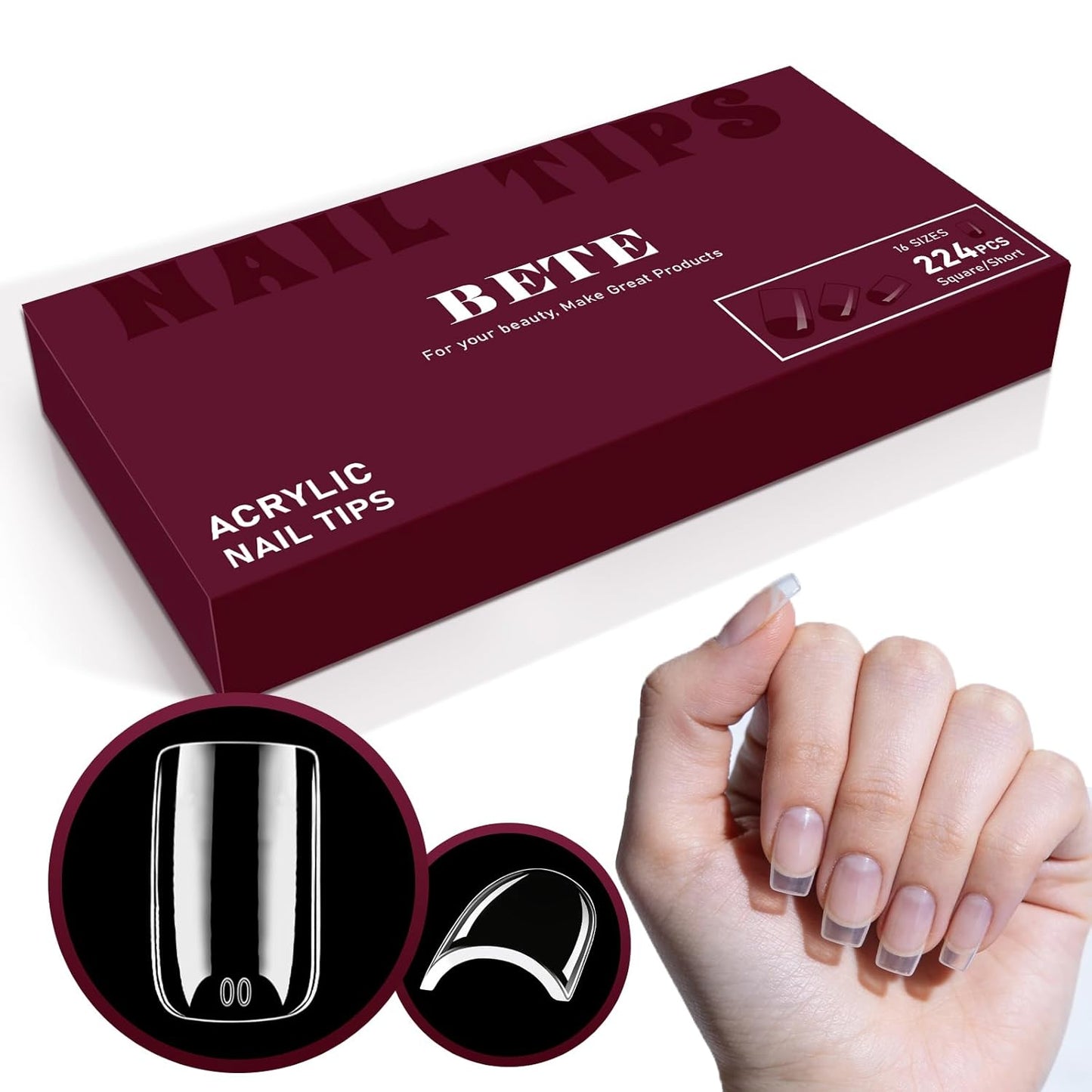 Medium Almond Clear Acrylic Nail Tips - 224 Pcs in 16 Sizes | Pre-Shaped Strong Press-On Nails for DIY Manicure