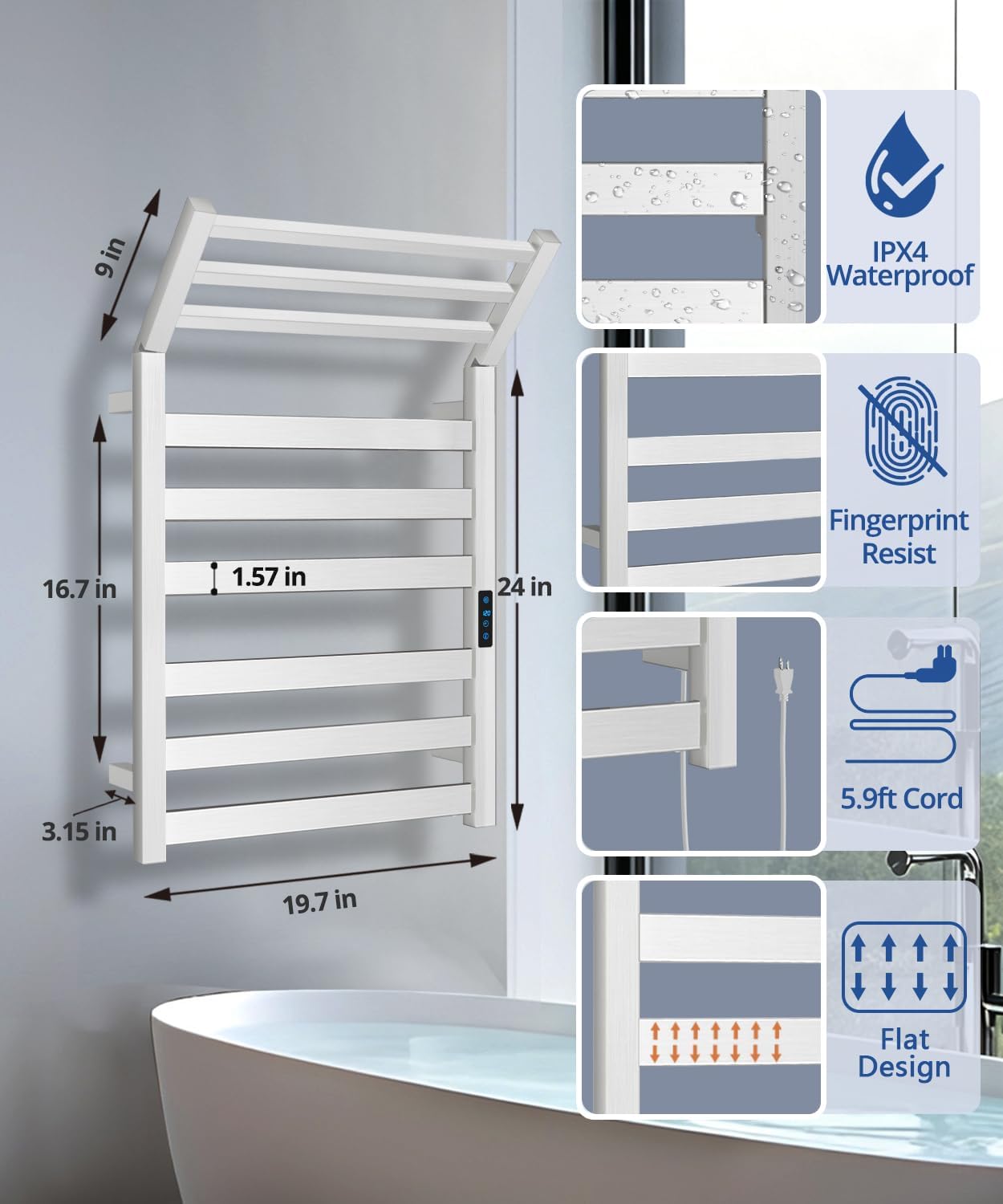 WiFi Heated Towel Rack - Electric Wall-Mounted Towel Warmer with LED Timer, Stainless Steel, 6 Bars | Brushed Nickel