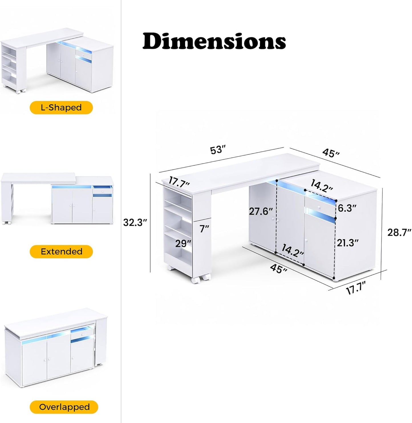 L-Shaped Manicure Table - Modern Nail Salon Desk with Storage & LED Light | White, Convertible Design